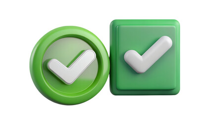 Poster - Two 3d green checkmarks one inside a circle and one inside a rounded square isolated on transparent background isolated on white background