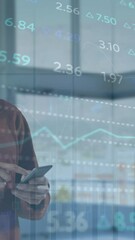 Poster - Animation of stock market data processing against caucasian man smiling while using smartphone