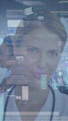 Poster - Animation of financial data processing and statistics over caucasian female doctor