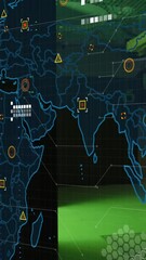 Poster - Animation of microprocessor connections over world map against computer server room