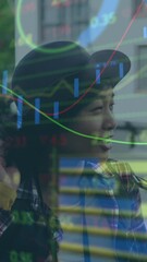Poster - Animation of stock market data processing over asian woman talking on smartphone on the street