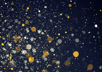 Poster - Abstract festive background with bokeh lights and snowflakes. Christmas and new year holiday concept. Shiny glitter and snow. Winter holiday backdrop.
