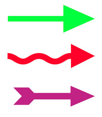 Poster - Directional Diversity A Trio of Arrows in Green Red and Purple Guiding the Way with Varied Styles and Paths on a Transparent Backdrop for Versatile Design Applications