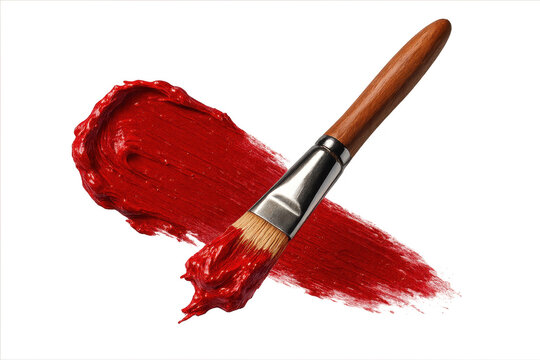 Red paint stroke with paintbrush on transparent background, creative art concept