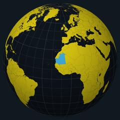 Poster - Islamic Republic of Mauritania on Globe. Country view on the world map in Charcoal Bright Yellow color palette. Mauritania shape on map. Globe with meridians, parallels, countries, rivers and lakes.