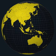 Poster - Brunei on Globe. Country view on the world map in Charcoal Bright Yellow color palette. Brunei shape on map. Globe with meridians, parallels, countries, rivers and lakes. Elegant vector illustration.