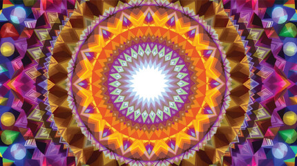 Poster - Intricate and colorful geometric kaleidoscope pattern with bright light center for design.