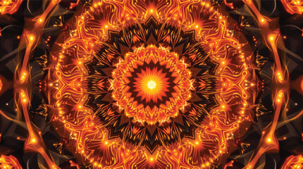 Poster - Intricate orange and black mandala art illustration with glowing light effects and beautiful symmetry.