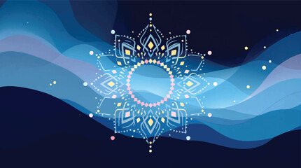 Poster - Abstract blue mandala design with subtle pastel accents on layered wave background.