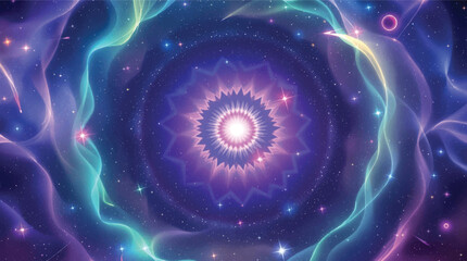 Poster - Abstract cosmic illustration of nebula and celestial starry space background in colorful hues.