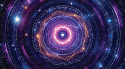 Poster - Abstract cosmic illustration of an atom in space with celestial elements and lights.