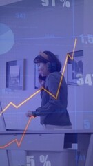Poster - Animation of financial data processing over asian businesswoman using smartphone in office