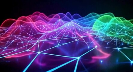 Aufkleber - Abstract Futuristic Network Visualization with Glowing Nodes and Colorful Waves on a Dark Background