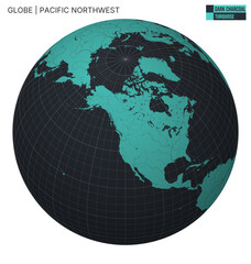 Poster - Vector Globe centered to Pacific Northwest. Dark Charcoal Turquoise palette. World map with meridians, parallels, countries, rivers and lakes. Vibrant vector illustration.