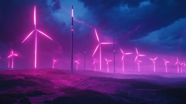 Pink neon wind turbines landscape
