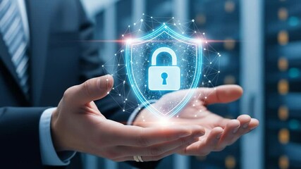 Poster - Cybersecurity, digital shield, data protection concept.  Hands hold glowing padlock symbol, showcasing secure network, safety, and online privacy