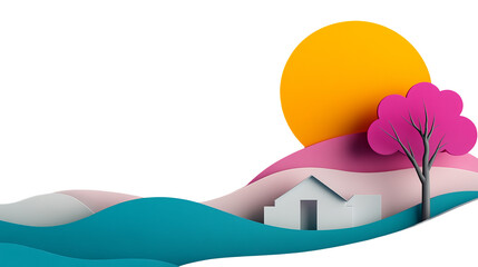 Aufkleber - Stylized paper house stands beneath an orange sun and pink tree against layered terrain.