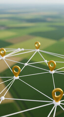 Poster - Abstract network of golden location pins connected by white lines against a blurred green field background, symbolizing connectivity, location tracking, or global network