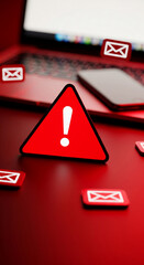 Leinwandbilder - Red triangular warning sign with exclamation mark, surrounded by email icons near blurred laptop and phone, symbolizing email alert, warning or error message