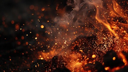 Wall Mural - A closeup of fiery embers flickers and pops casting bursts of bright light against an allenveloping dark background. The intense heat radiates from the glowing fragments while wisp