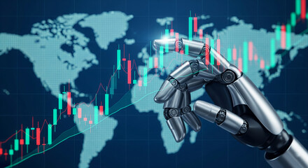 Poster - Robotic hand interacts with global stock market graph, showcasing automated trading, technological advancement, and financial market analysis