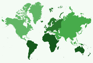 Poster - Map of World. Just a simple border map with continent division. Green color palette. Plain map with administrative division. Vector illustration.