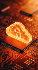 Poster - Glowing orange cloud icon with padlock on a microchip, symbolizing secure cloud computing and data protection
