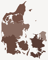 Poster - Map of Denmark with regions. Just a simple country border map with region division. Brown color palette. Blank Denmark shape with administrative division. Vector illustration.