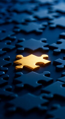 Poster - Gold puzzle piece among dark blue ones, symbolizing uniqueness, solution, or a missing piece.  Concept represents problem-solving, strategy, or innovation