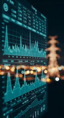 Poster - Close-up of teal energy stock market data screen displaying fluctuating graphs and numerical values, showcasing financial market trends and energy sector analysis