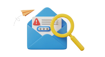 Leinwandbilder - 3D rendering of blue envelope with warning message, password field, and magnifying glass, illustrating online security and data breach investigation