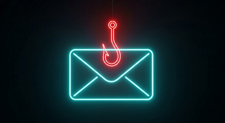 Leinwandbilder - Neon teal email icon with red neon fishing hook above, symbolizing phishing scams and online threats, warning of internet security risks