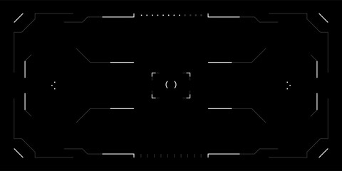 Poster - Futuristic HUD game interface with cyberpunk tech overlay and hologram elements. Tactical screen with target reticle, glitch effects, and sci fi digital layout. Vector dashboard for VR or drone view.