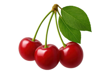 Fototapete - Ripe red cherries hanging from verdant stems, displaying glossy surface and natural curved shape against crisp transparent background