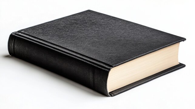 a black book with a white cover on a white surface