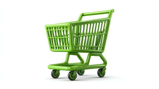 3d green shopping cart icon isolated on white background.