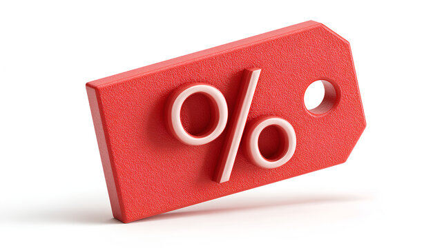 3d red price tag with percent sign isolated on white background