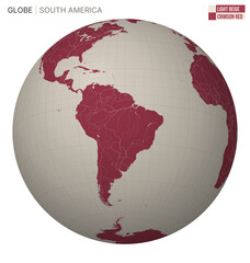 Poster - Vector Globe centered to South America. Light Beige Crimson Red palette. World map with meridians, parallels, countries, rivers and lakes. Charming vector illustration.