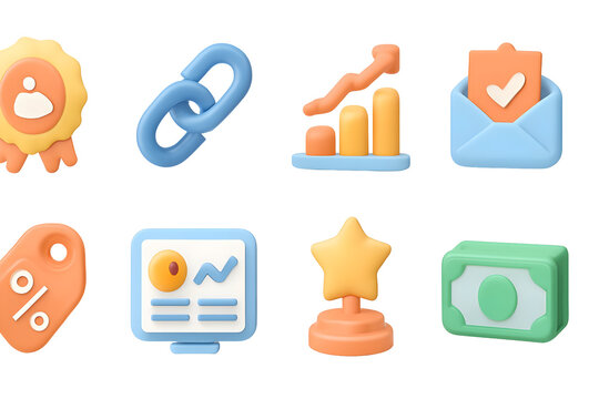 3D rendered business icons, progress, finance, link, tag, star, envelope, monitor
