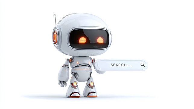 AI robot character 3D graphics that pops up a search bar Stock Illustration