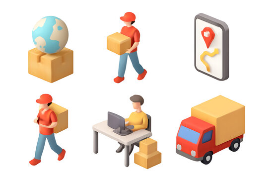 Isometric delivery icons showing world, packages, truck, man with computer and phone GPS