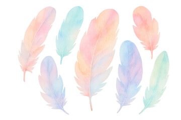 Aufkleber - Colorful watercolor feathers creating a delicate and artistic composition on a transparent background, ideal for design projects