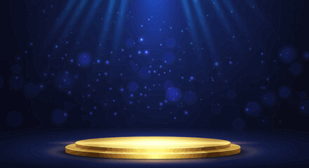 Poster - Elegant golden stage against a vibrant blue backdrop with shimmering lights