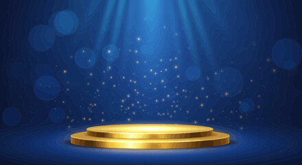 Poster - Elegant gold podium illuminated by spotlights against a deep blue bokeh background