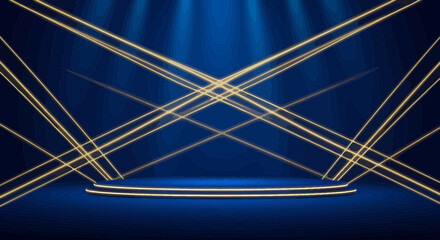 Poster - Elegant stage with dynamic golden lines on a dark blue backdrop for presentations