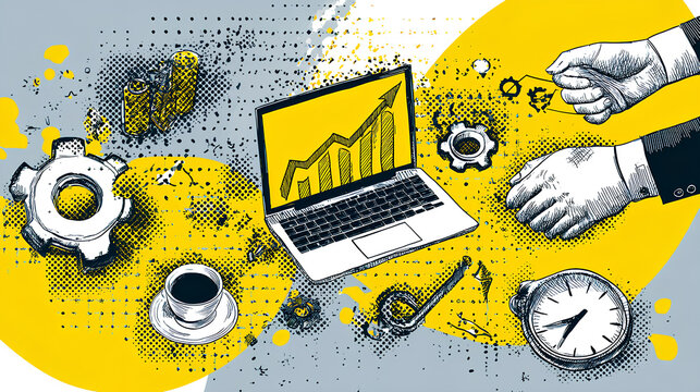 Trendy halftone collage cutout business elements set. Laptop, rising arrow chart, gears, handshake, watch, magnifier. Idea, teamwork, brainstorming and success concept Modern retro vector illustration