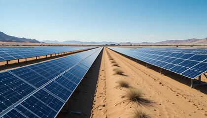 solar farm stretches across a desert landscape, showcasing renewable energy and sustainable power ge