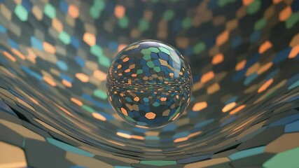 Aufkleber - Abstract Digital Orb: This striking image showcases a digital sphere with an intricate mosaic pattern, resting in a rippling, multi-faceted environment.
