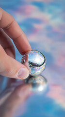 Poster - Reflective glass sphere held by a hand against a colorful background