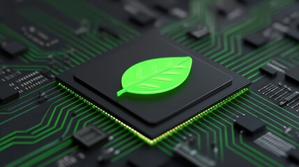 Poster - Green Leaf Symbol on Modern Circuit Board Reflecting Eco-Friendly Technology and Innovation in Digital Environment